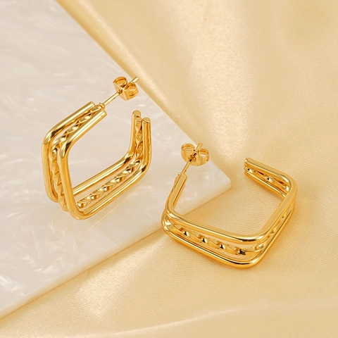 Square Triple Layer Stud Earrings PVD 18K Gold Plated Stainless Steel Geometric Twisted Texture Punk INS Style For Women