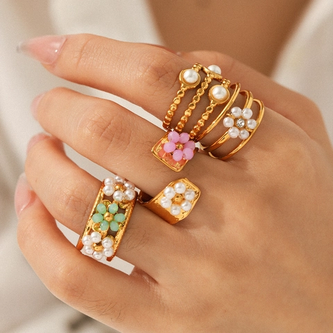 Stainless Steel Gold Plated Open Ring For Women With Faux Artificial Pearl And Beaded Flower Adjustable Fashion Jewelry Accessories
