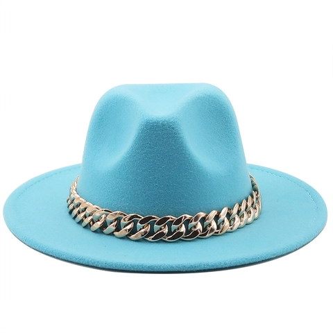 Fedora Hat Woolen Felt Gold Metal Chain Wide Brim Vintage Jazz Style For Women Men Accessory