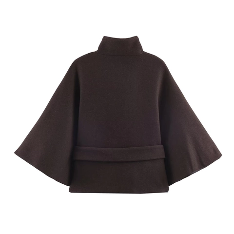 Women Chic Short Coat Woolen Texture Stand Collar Wide Sleeves Fashionable Belted Outerwear Solid Coffee