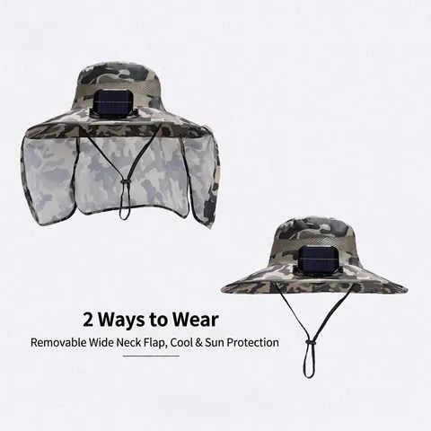 Camouflage Solar Fan Bucket Hat With Wide Brim Neck Flap UV Protection Cooling Fishing Hiking Outdoor Sun Cap