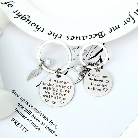 Sister Gift Stainless Steel Keychain Engraved Best Friend Keyring With Angel Wing And Artificial Pearl Friendship Jewelry For Women