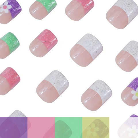 Unghie Finte A Pressione Corte Quadrate Lucide Macaron Colorato French Tip Glitter Motivo Floreale Bianco Per Donna