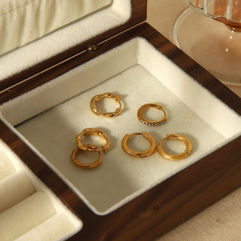 Boucles D'oreilles Créoles Or 18 Carats Plaqué Acier Inoxydable Rond Zircone Géométrique Texture Torsadée Pour Femme