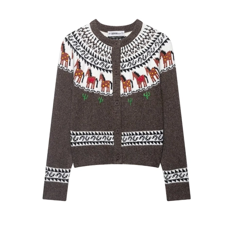 Cardigan In Maglia Vintage Western Donna Motivo Cavallo Fair Isle Ricamo Cactus Girocollo Maglione Bottoni