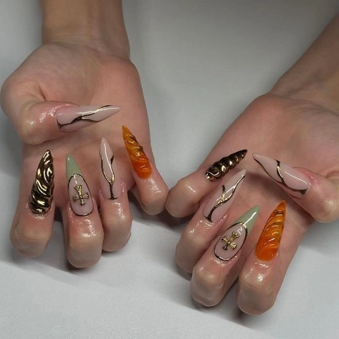 Almond Shape Press On Nails With Metal Cross Decor 3D Texture Punk Style Glossy False Nail Tips Mixed Colors