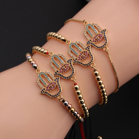 Hamsa Hand Evil Eye Bracelet Copper Colorful Cubic Zirconia Adjustable Bohemian Ethnic Jewelry For Women