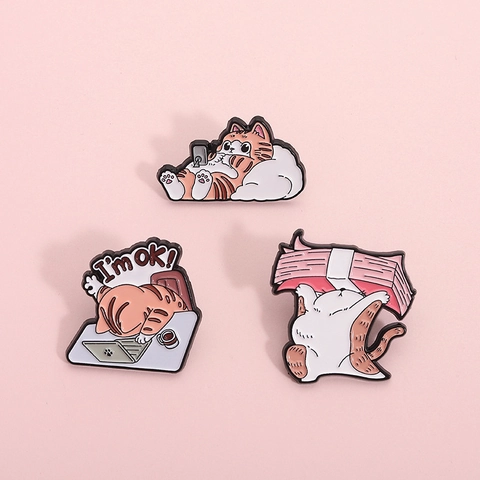 Cute Cartoon Cat Enamel Brooch Funny Working Kitty I'm OK Laptop Cat Alloy Pins For Backpack Clothing Hat Jewelry Gift