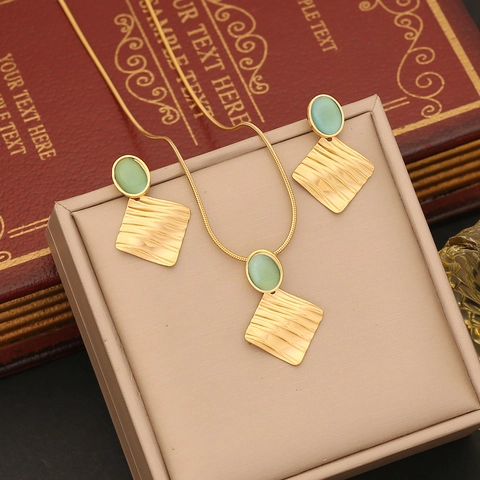 Vintage Stainless Steel Gold Plated Necklace And Earrings With Irregular Square Textured Pendant Synthetic Turquoise For Women