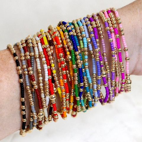 Handmade Bohemian Beaded Bracelet Rainbow Glass Seed Beads And Copper Metal Beads Elastic Trendy Jewelry For Women