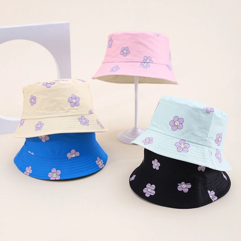 Kids Reversible Bucket Hat Polyester Smiley Flower Print Sun Protection Wide Brim Outdoor Beach Sun Hat