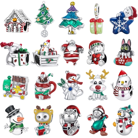925 Sterling Silver Christmas Charms Beads For DIY Bracelet Snowman Santa Claus Enamel Zirconia Pendant Festive Holiday Jewelry Gift