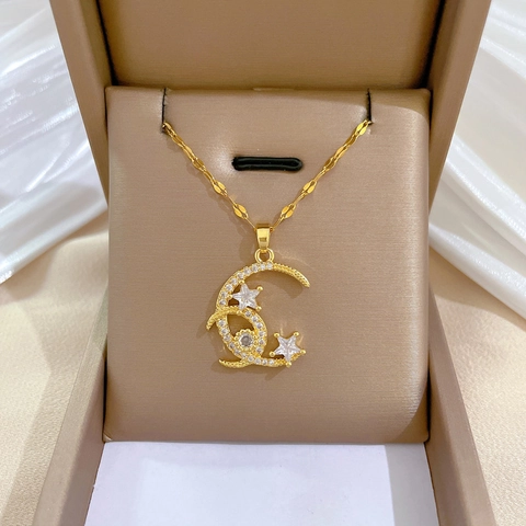 Collier Pendentif Croissant De Lune Et Étoile Acier Inoxydable Cuivre Plqué Or Chaîne Zircon Élégant Pour Femmes