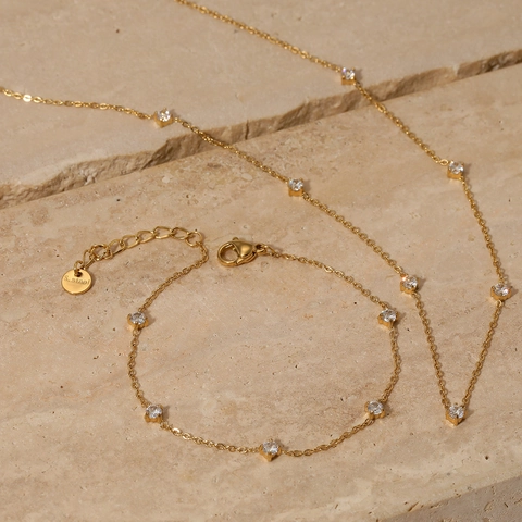 Collana Bracciale E Cavigliera Minimalisti In Acciaio Inossidabile Con Pietre Di Zircone Trasparente Tonde Gioielli Eleganti Per Donne