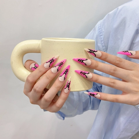 Press On Nails Long Stiletto Corset Lace Up Hand-Painted Pink White Punk Gothic Style Fake Nails For Women