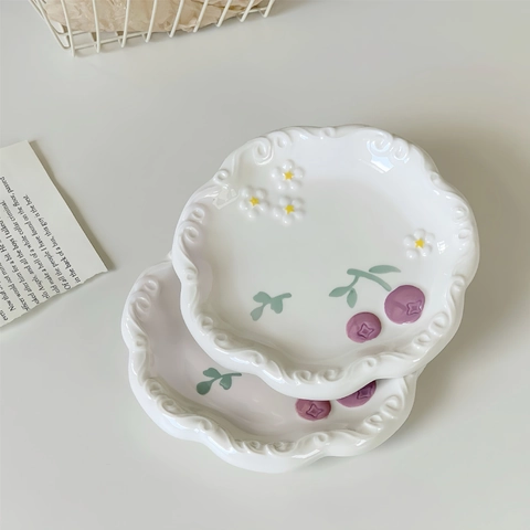Ceramic Floral Tableware Plates Bowls Spoon Wave Edge Cute Korean Style Breakfast Dessert Cake Dish Microwave Safe Dinnerware
