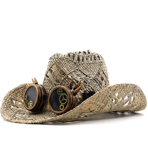 Steampunk Cowboy Straw Hat With Goggles Gears Spikes Retro Western Style Breathable Sun Protection For Party Cosplay