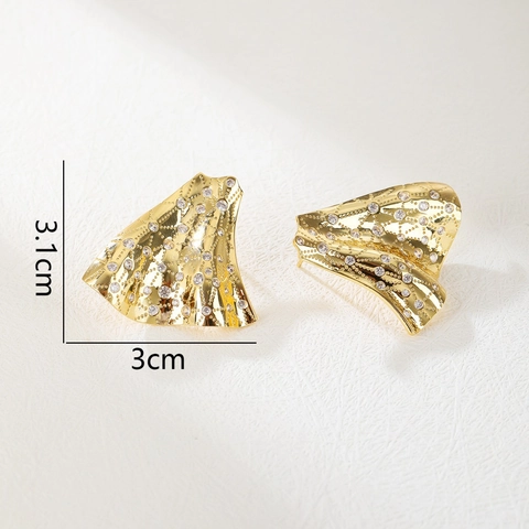 18K Gold Plated Copper Stud Earrings Irregular Pleated Fan Shape Colorful Zircon Rhinestone Exaggerated Luxury For Women