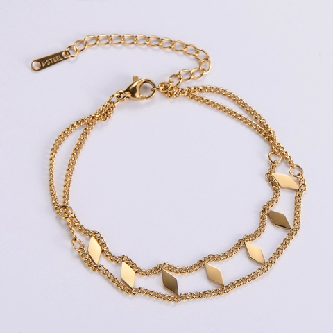 Double Layer Bracelet Stainless Steel Rhombus Pendants Minimalist Elegant Gold Plated Geometric Chain Jewelry Women