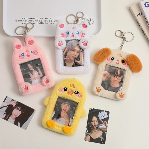 Plush Cartoon Animal Photocard Holder Keychain Cute Faux Fur ID Card Sleeve With Transparent Window For Student Bag Charm