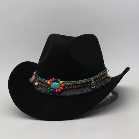 Retro Western Cowboy Hat Polyester Felt Wide Brim With Ethnic Woven Band Turquoise Bead And Tassels Bohemian Style