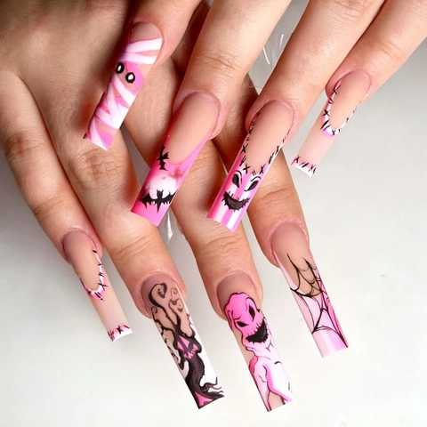 Press On Nails Long Coffin Shape Halloween Pink Black Mummy Bat Spider Web Pattern Artificial False Nails For Women