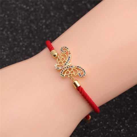 Handmade Woven Rope Butterfly Charm Bracelet Copper Zircon Inlaid Adjustable Jewelry For Women Girls