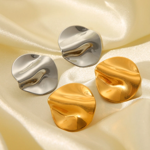 Pendientes De Botón Geométricos Ondulados Irregulares Acero Inoxidable Chapado En Oro 18K Estilo INS Minimalista Mujeres