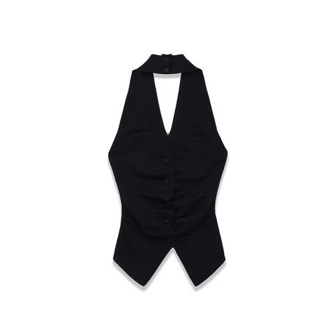 Canotta Halter Collo Maglia A Costine Slim Fit Scollo A V Profondo Arricciato Bottone Frontale Chic Casual Donne Canottiera
