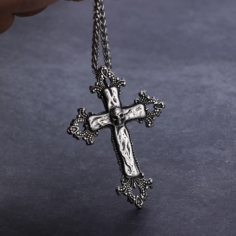 Gothic Skull Cross Pendant Necklace Stainless Steel Vintage Distressed Punk Streetwear Jewelry For Men