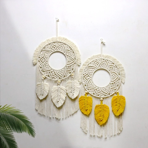 Boho Macrame Wall Hanging Handmade Cotton Rope Tapestry With Wood Beads Tassel Leaf Shape For Bedroom Living Room