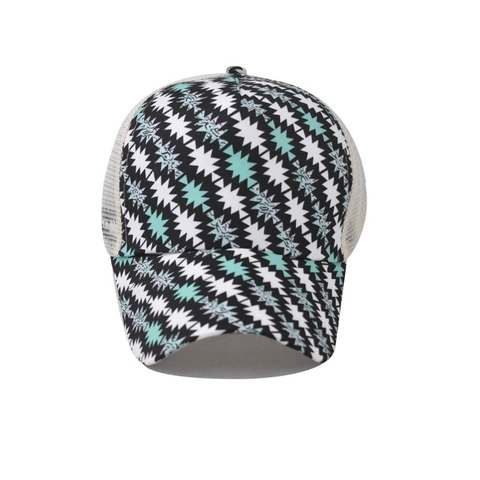 Ponytail Baseball Cap Geometric Print Mesh Back Breathable Adjustable High Bun Trucker Hat For Women