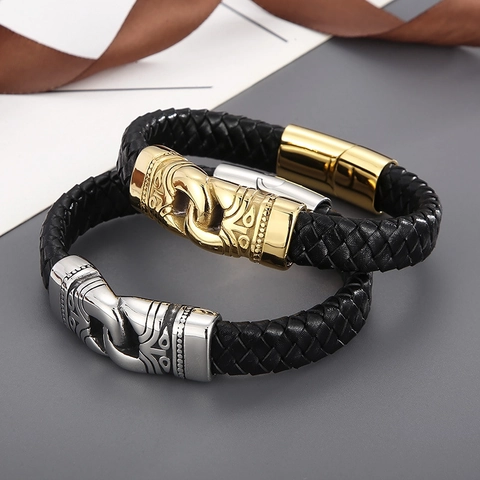 Pulsera De Cuero Trenzado Para Hombre Con Cierre Magnético De Acero Inoxidable Grabado Totem Joyería Retro