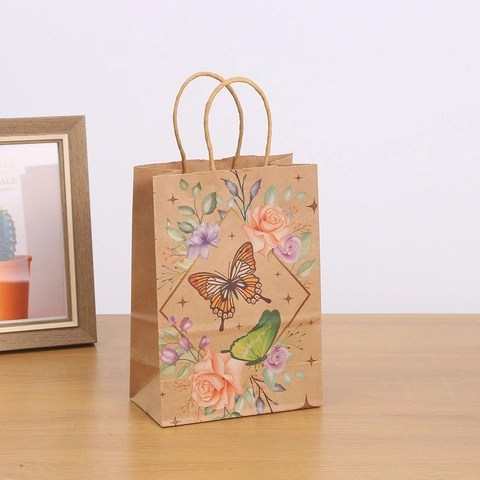 Kraft Paper Gift Bags With Butterfly Flower Print Portable Handle Vintage Wedding Party Souvenir Packaging