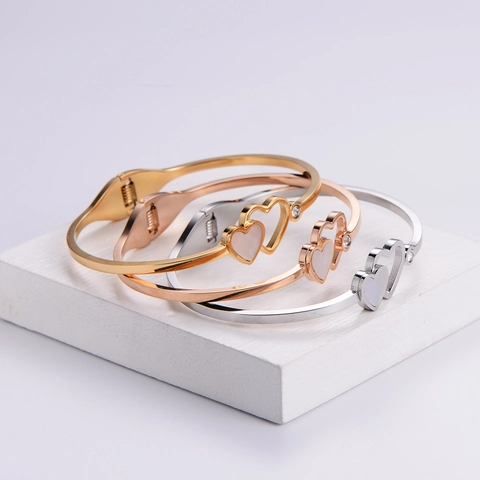 Interlocking Heart Mother Of Artificial Pearl Stainless Steel Bangle Bracelet For Women Elegant Hollow Design With Cubic Zirconia
