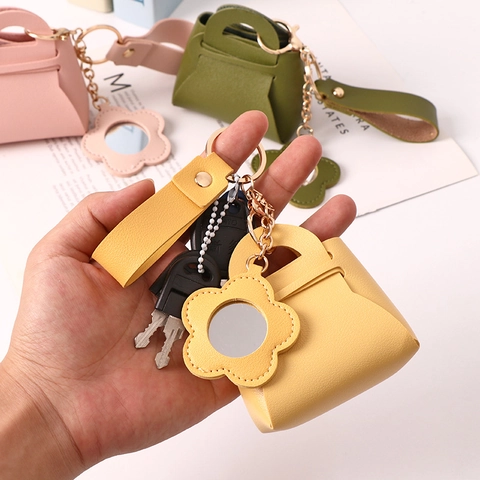 Mini Sac Porte-Clés En Cuir PU Avec Pendentif Miroir Fleur Petit Porte-Monnaie De Rangement Pour Femmes
