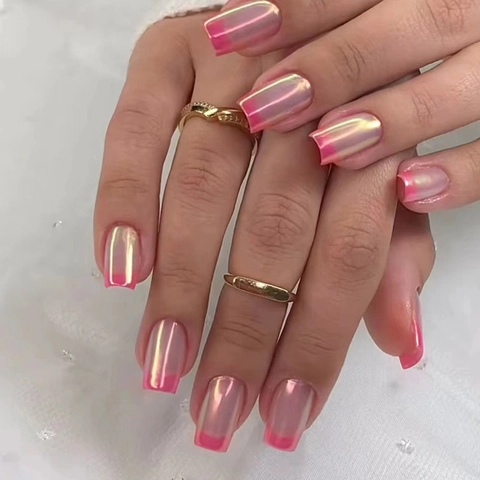 Aurora Gloss French Press On Nails Magenta Pink Square Medium Long Spicy Style For Women