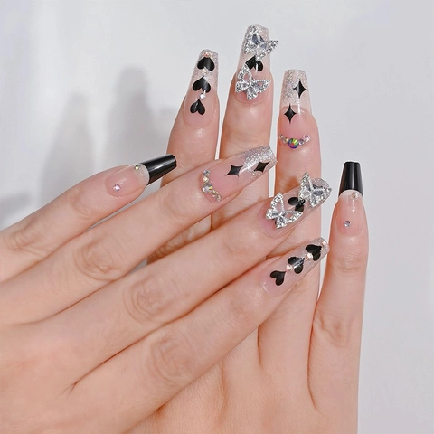 Coffin Press On Nails Long French Black Heart Star Patterns 3D Butterfly Rhinestone Glitter Artificial Finger Manicure
