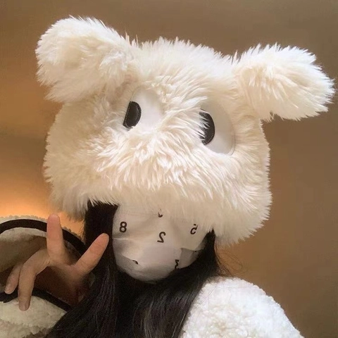 Cartoon Puppy Plush Trapper Hat Women Cute Large Eyes Earflap Hat Warm Wool Faux Fur Lei Feng Cap Winter Outdoor Bonnet