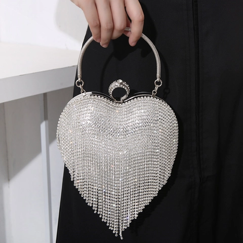 Borsa Da Sera A Forma Di Cuore Strass Nappa Pochette Manico Tondo In Metallo Tracolla Per Donna Festa Matrimonio