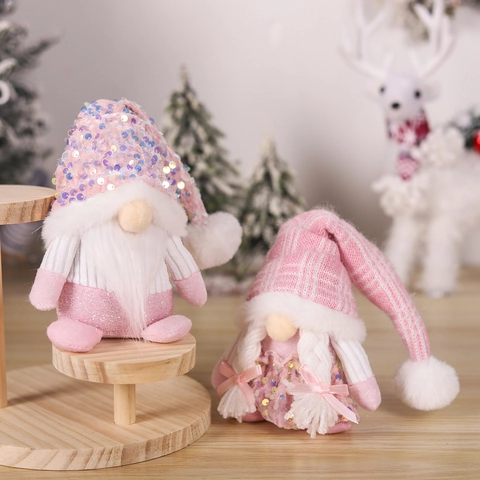 Gnomo di Natale in Peluche con Paillettes Rosa Statuetta Rudolf Fatta a Mano con Cappello in Maglia per Decorazione Casa Festa Regalo