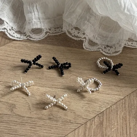 Handmade Bowknot Beaded Ring S925 Sterling Silver Beads Crystal Artificial Pearl Black Agate Sweet Retro Style For Women