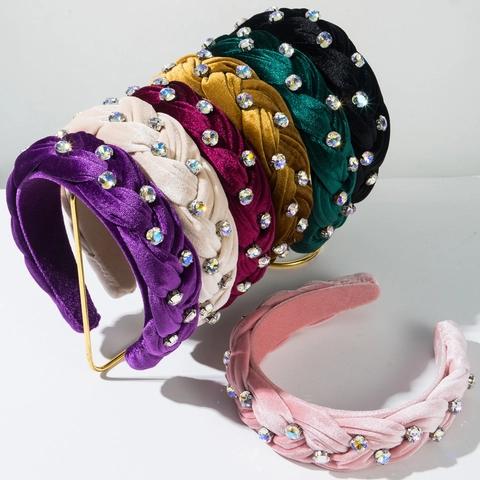 Serre-Tête Large Tressé en Velours Ethnique Bohémien pour Femmes Strass Colorés Bandeau Rembourré Vintage Accessoires Cheveux Vacances