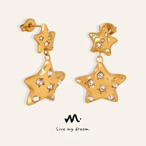Boucles D'oreilles Pendantes Double Étoile Pour Femmes Acier Titane Zircon Incrusté Étoile À Cinq Branches Texture Martelée