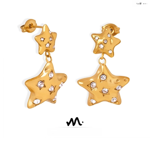 Orecchini Pendenti A Doppia Stella Per Donna Acciaio Al Titanio Zircone Incastonato Stella A Cinque Punte Texture Martellata