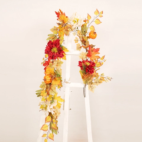 Artificial Maple Leaf Garland Autumn Flower Vine With Pumpkins Berries For Thanksgiving Halloween Christmas Home Decor