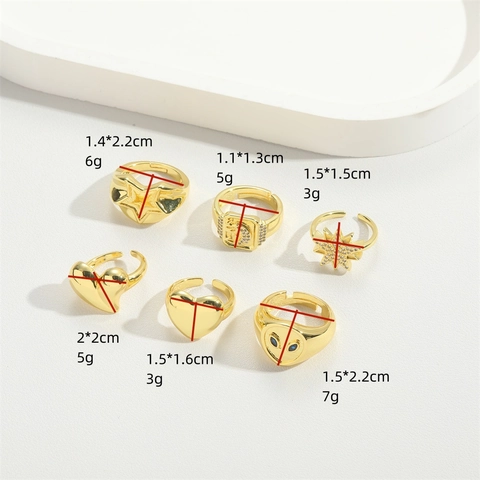 Vintage Verstellbarer Offener Ring Für Damen Vergoldet Kupfer Herz Stern Mond Alien Design Zirkonia Eingelegt Exquisit Schmuck