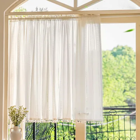 French Scalloped Edge White Lace Short Curtain Pom Pom Trim Rod Pocket Cafe Curtains Light Filtering Valance For Window