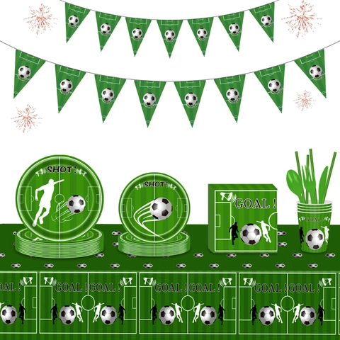 Soccer Theme Birthday Party Tableware Decoration Supplies Including Paper Plates Cups Napkins Tablecloth Banner Green Sports Field Design