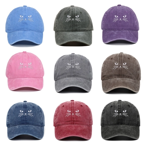 Casquette De Baseball Broderie Chat Coton Lavé Vintage Ajustable Distressed Dad Hat Pour Hommes Femmes Plein Air